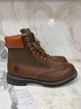 Timberland Men’s Brown Leather & Olive Work Boots with Orange Collar